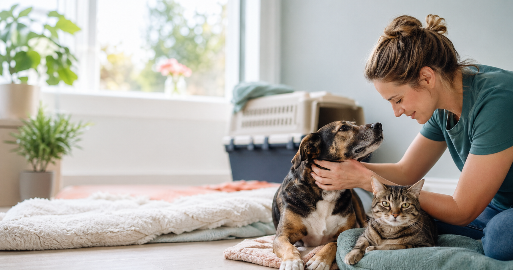 Волонтер фонда заботится о спасенных собаке и кошке